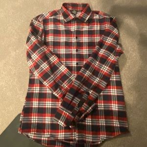 Men’s blue and red flannel button up shirt , size L